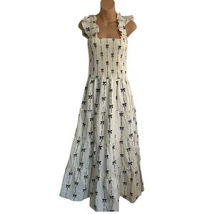 Tiered Smocked bodice Cream and Black Bow Print Dress NWT M